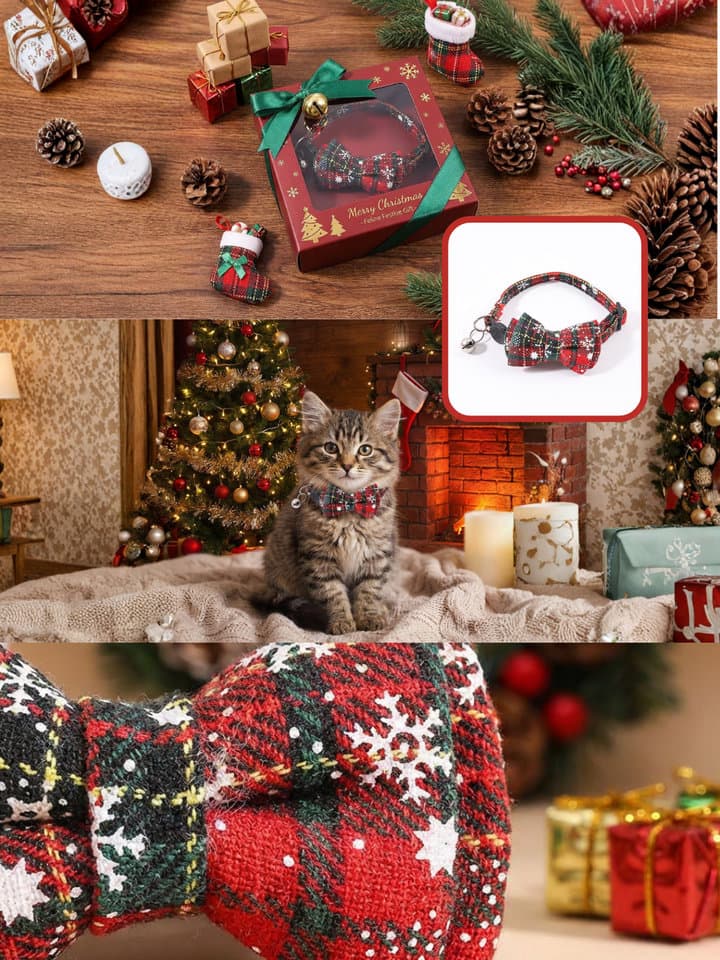 AI-generated pet Christmas accessories product image set with festive holiday styling